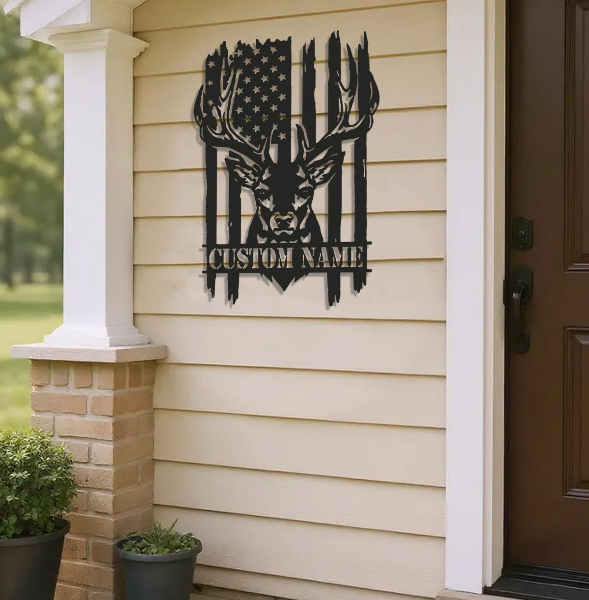 Personalized Vertical American Flag Deer Hunting Metal Sign WITH LED/WITHOUT LED Light Rustic Lodge Wall Decor