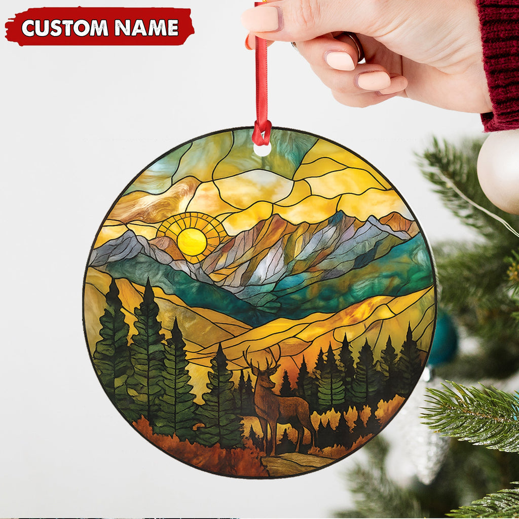 Personalized Deer Stained Glass Acrylic Ornament – Mountain Sunrise Christmas Tree Decoration Gift