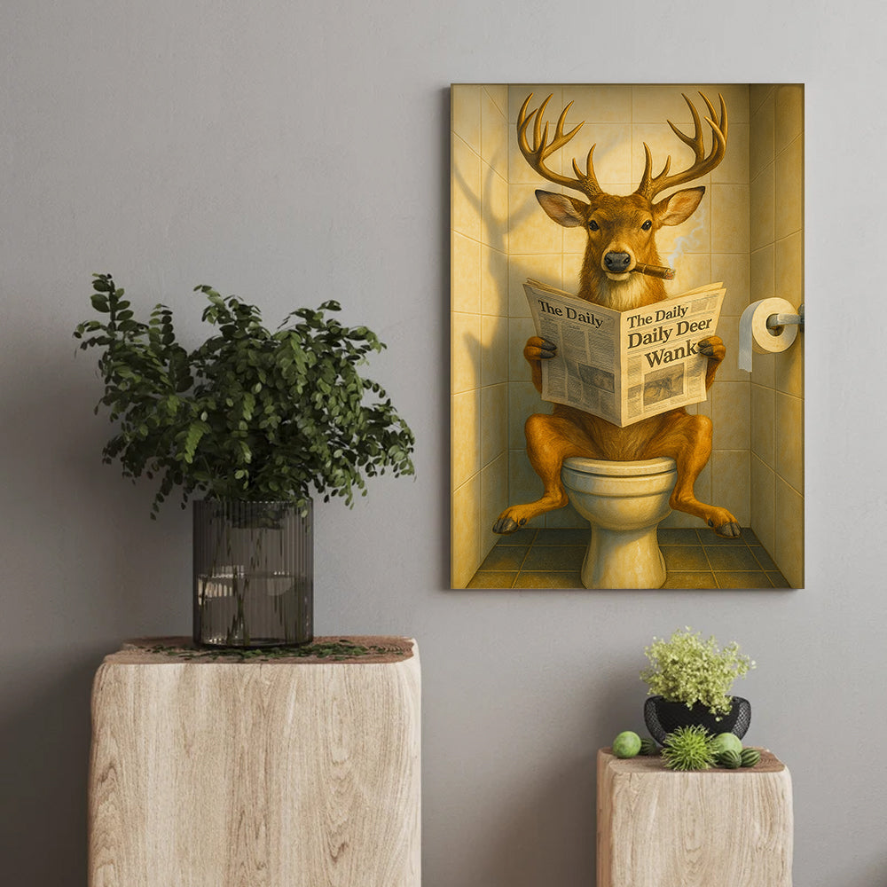Funny Deer on Toilet Canvas – Quirky Animal Art Print with Smoking and Newspaper for Unique Wall Decor