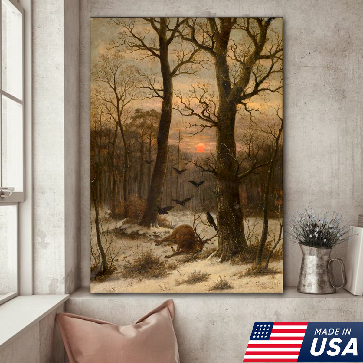 Vintage Deer Hunting Canvas Wall Art, Winter Forest Stag, Rustic Cabin Lodge Wildlife Decor