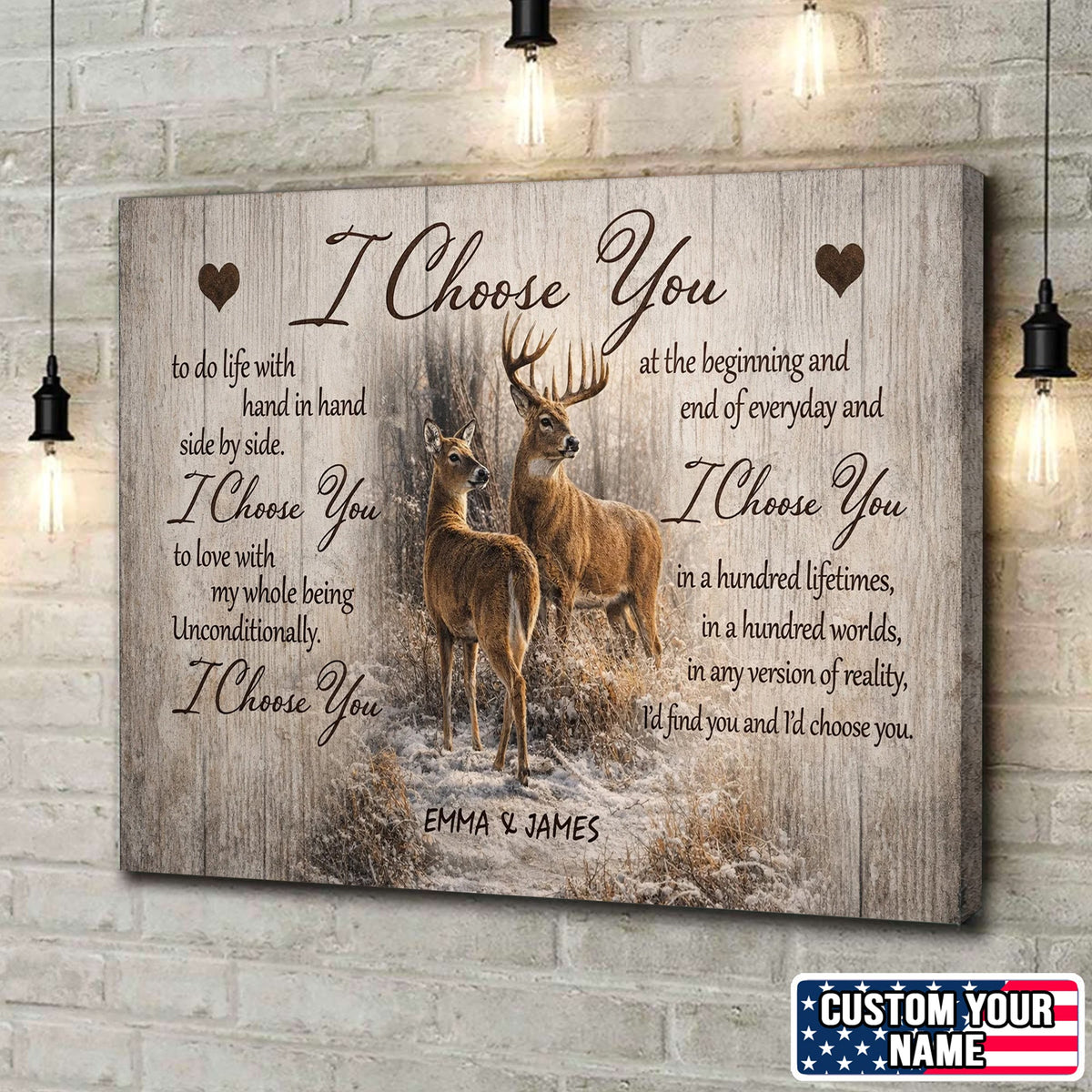 I Choose You Deer Couple Canvas Print, Romantic Woodland Love Wall Art Personalized Gift