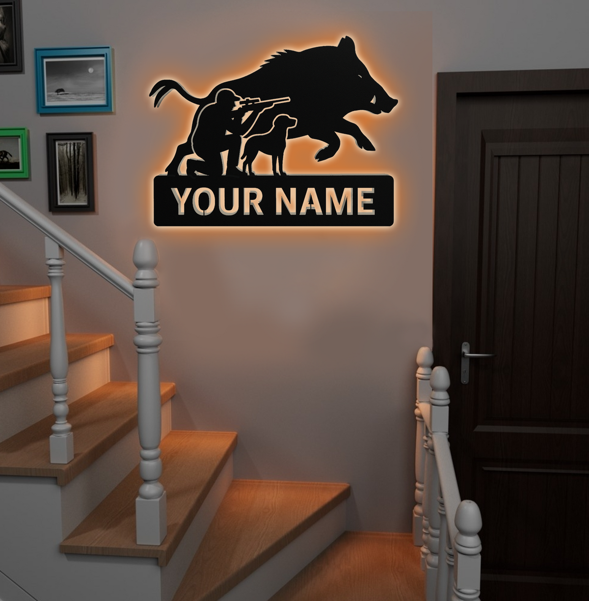 Personalized Wild Boar Hunting Metal Sign WITH LED/WITHOUT LED, Hunter and Dog Wall Art