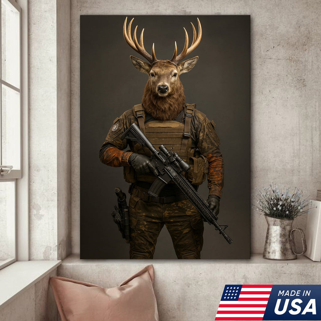 Tactical Deer Soldier Wall Art Canvas – Military Buck Canvas Print for Man Cave & Hunter Decor