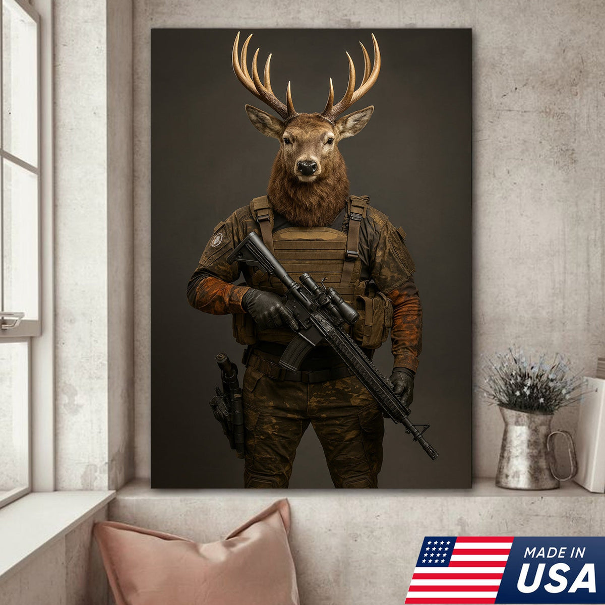 Tactical Deer Soldier Wall Art Canvas – Military Buck Canvas Print for Man Cave & Hunter Decor