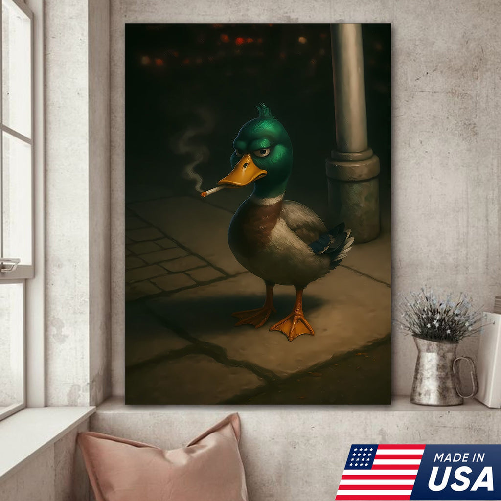 Funny Duck Canvas, Grumpy Mallard Wall Art, Humorous Bird Lover Decor for Man Cave or Cabin