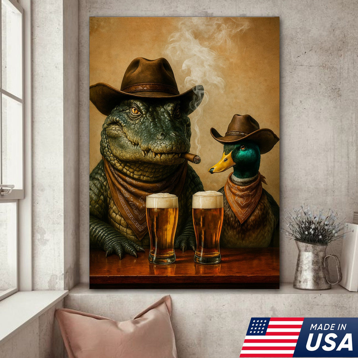 Funny Alligator and Duck Cowboy Canvas – Rustic Wildlife Bar Wall Art Gift for Hunters and Lodge