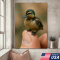 Cute Baby Duck Canvas Wall Art - Adorable Duckling Perched on Finger