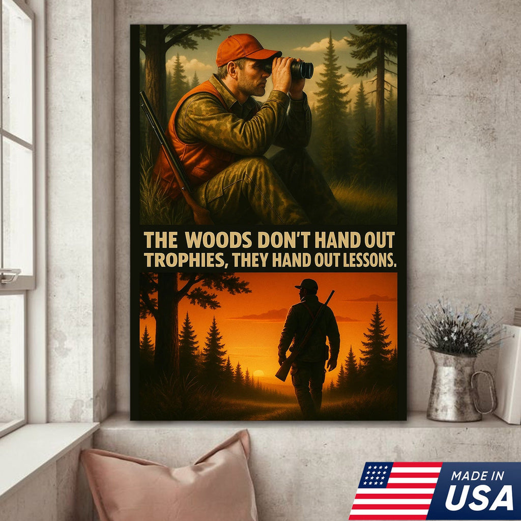 Inspirational Hunting Canvas Wall Art – Hunter in Forest with Rifle & Quote “The Woods Don’t Hand Out Trophies, They Hand Out Lessons”