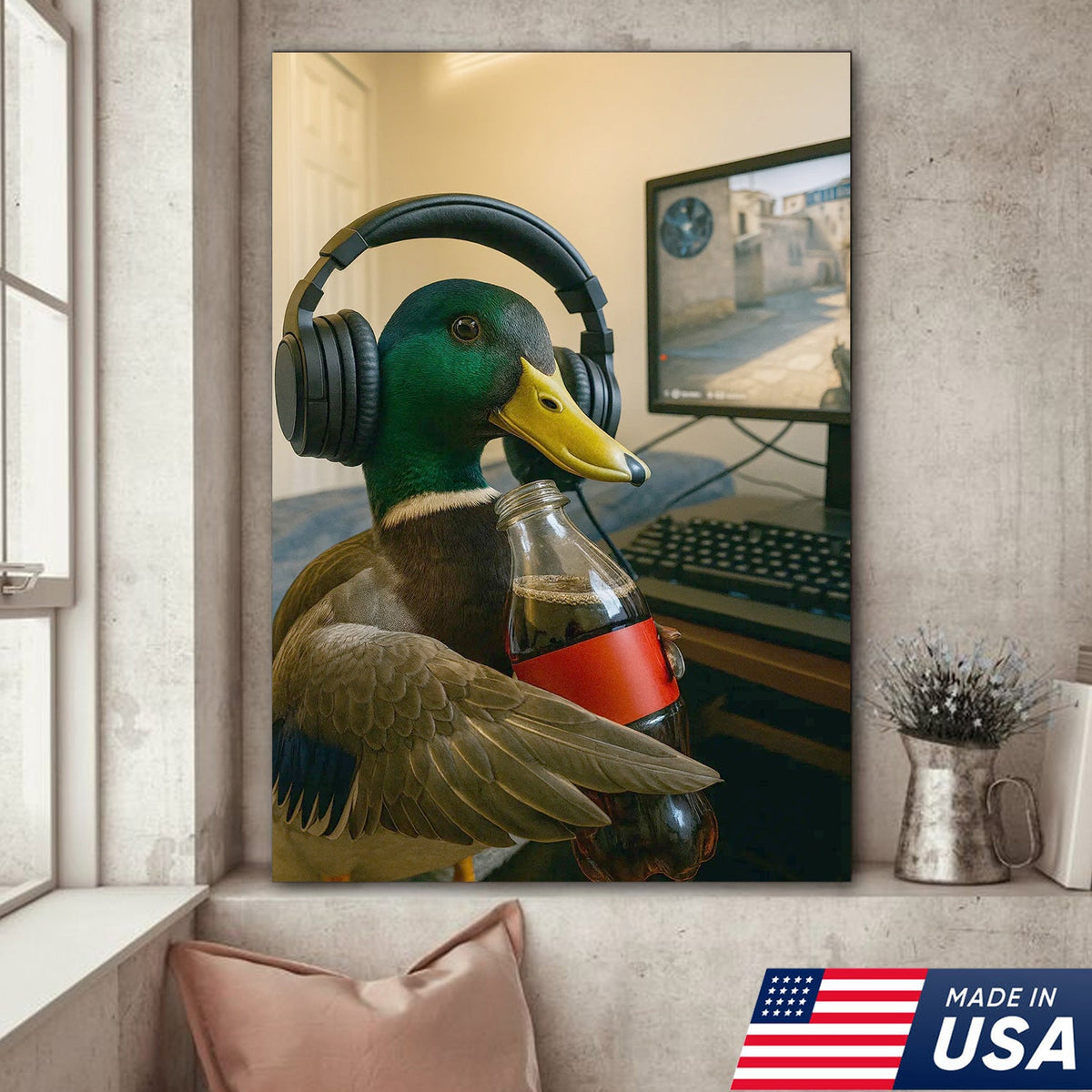 Funny Gamer Duck Canvas Wall Art, Mallard With Headphones and Soda