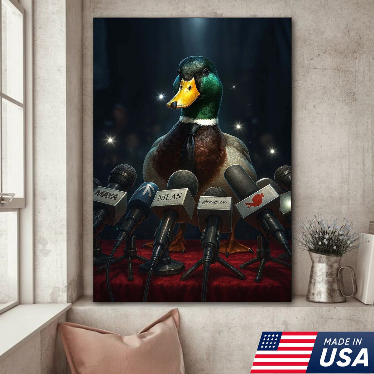 Confident Duck Press Conference Canvas Wall Art, Funny Animal Leader Humor Artwork