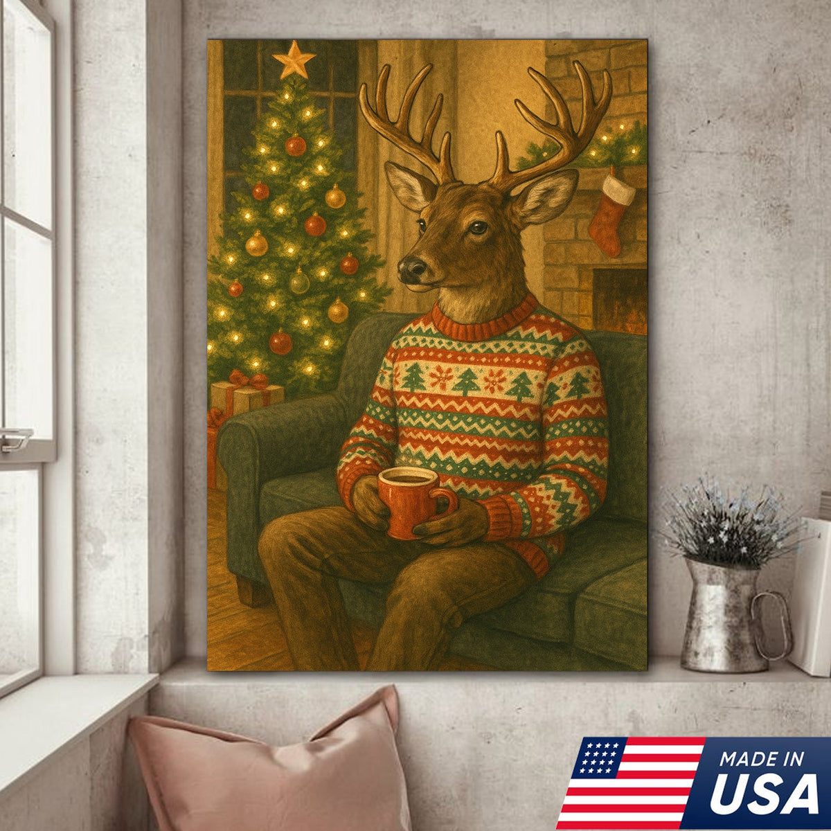 Cozy Christmas Deer Canvas Wall Art Print – Holiday Reindeer With Hot Cocoa
