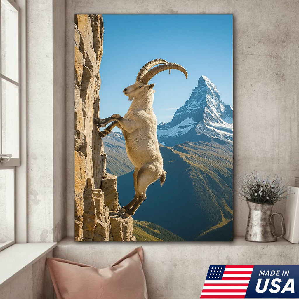 Alpine Ibex Climbing Cliff Canvas Wall Art, Matterhorn Mountain Landscape Print