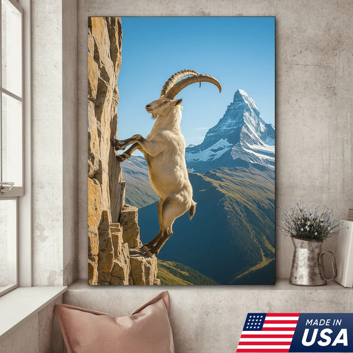 Alpine Ibex Climbing Cliff Canvas Wall Art, Matterhorn Mountain Landscape Print