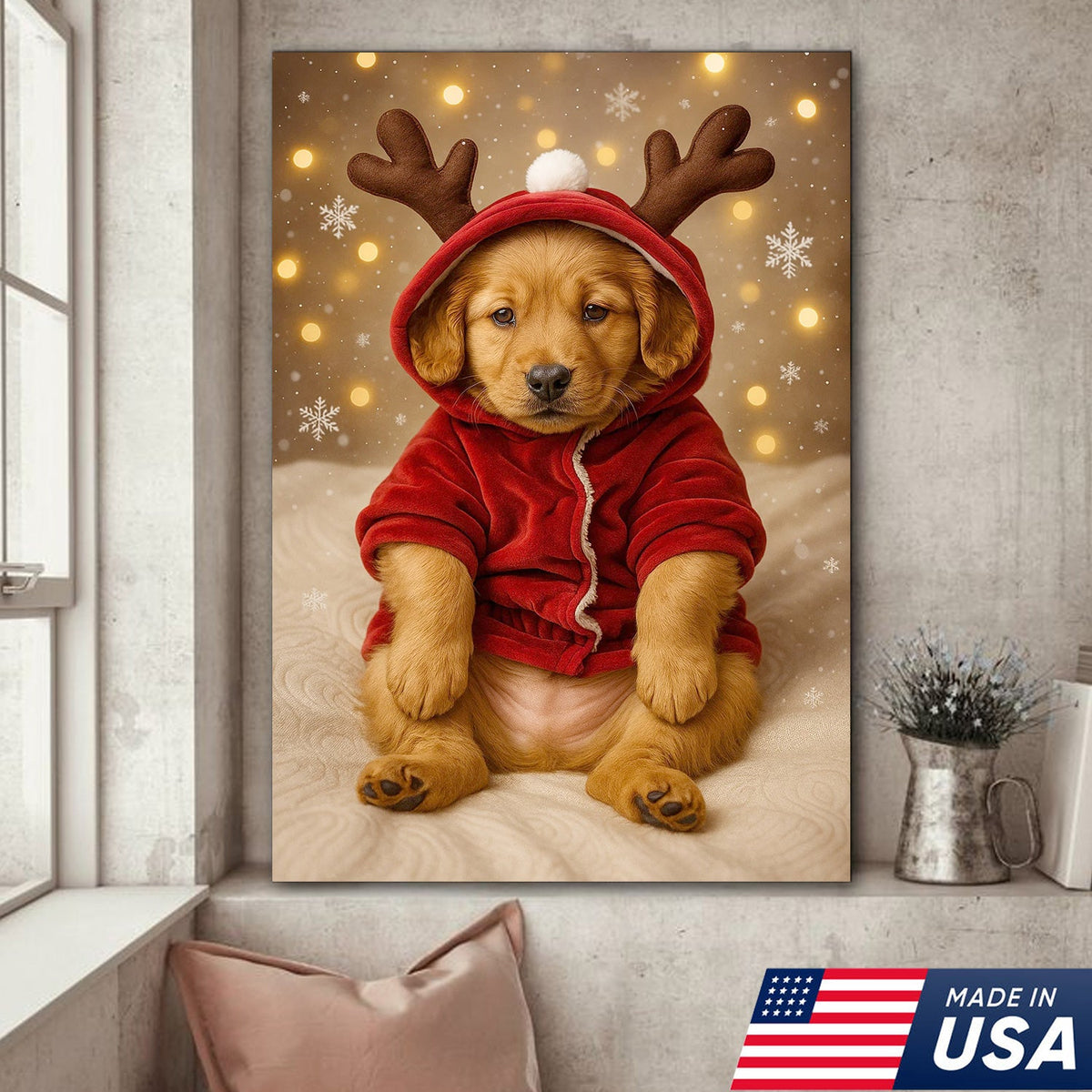 Christmas Puppy Reindeer Canvas Wall Art, Cute Golden product image 2