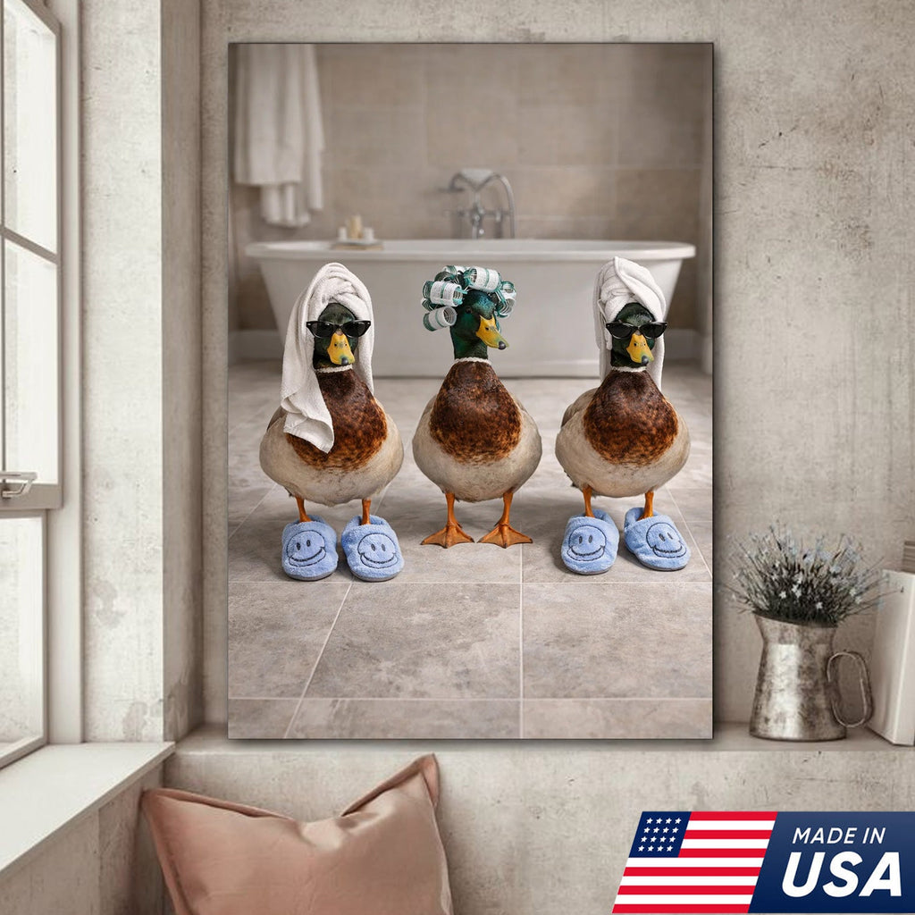 Funny Duck Spa Bathroom Canvas Wall Art, Whimsical Farm Animal Self Care Illustration