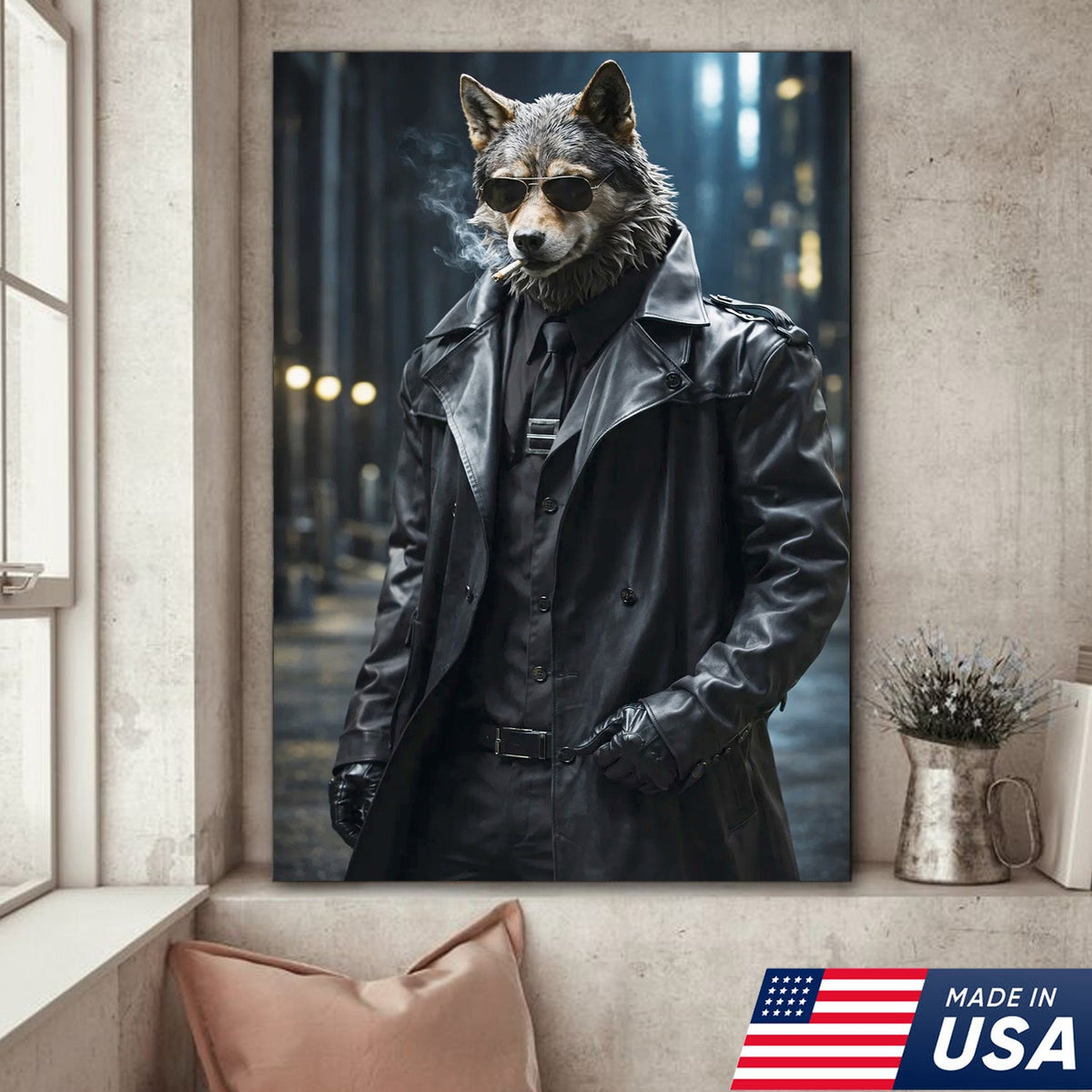 Noir Wolf Detective Canvas Wall Art, Cool in Leather Coat product image 1