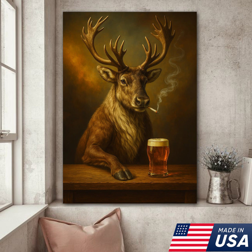 Rustic Caribou Canvas Wall Art – Majestic Caribou with Beer Glass – Hunting Cabin Lodge Decor