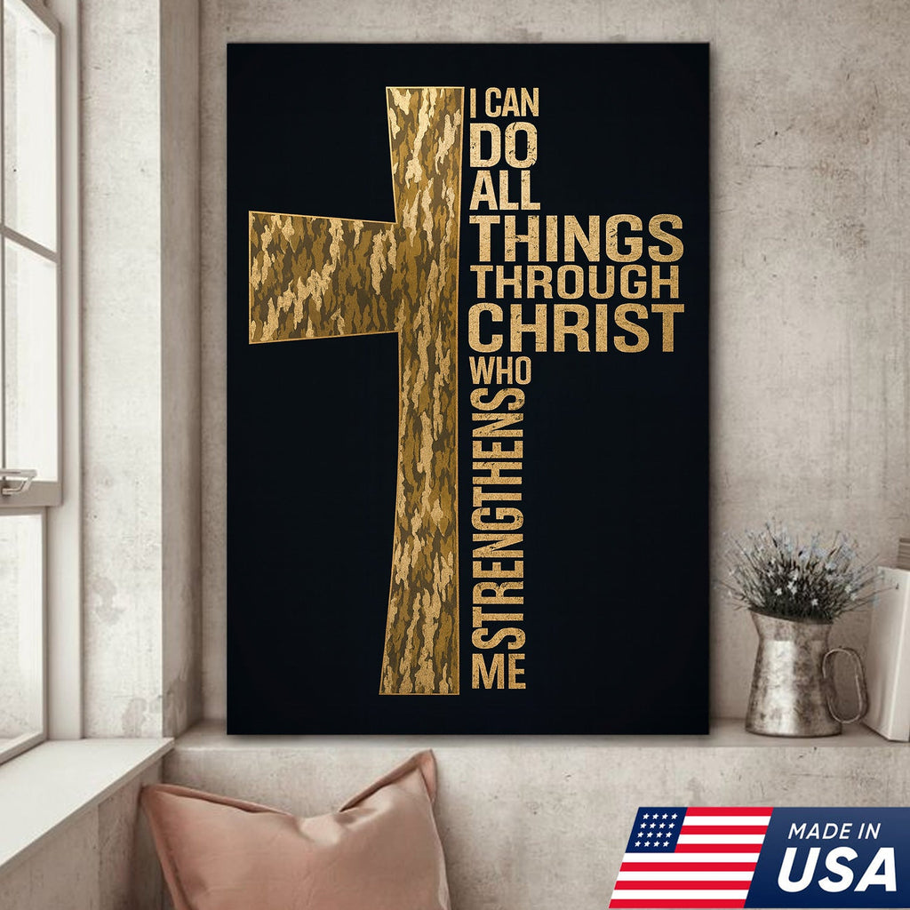 Camo Cross Christian Canvas Wall Art, Philippians 413 I Can Do All Things Through Christ Verse