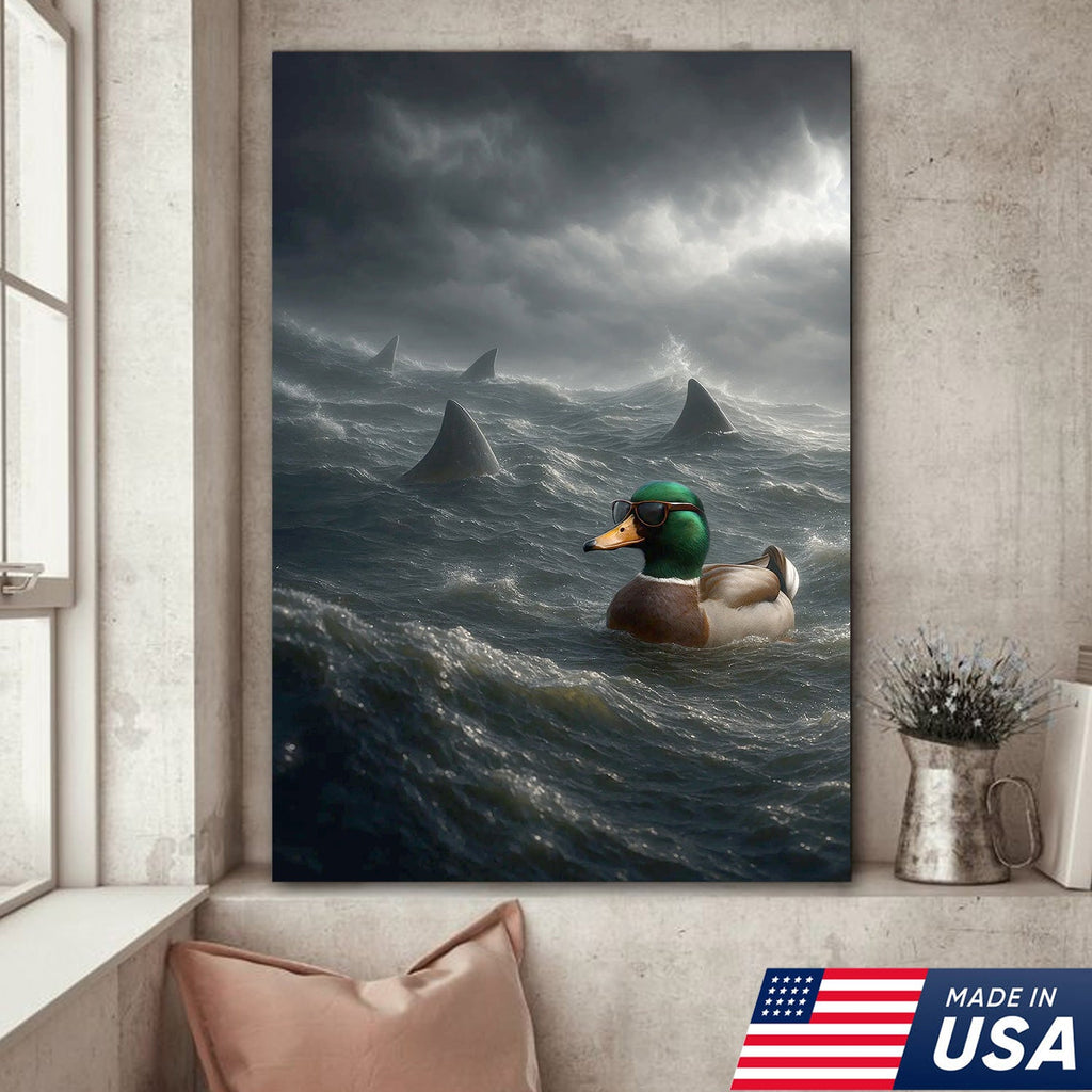 Funny Duck in Shark Infested Waters Canvas Wall Art, Cool Sunglasses Duck Ocean Storm Print