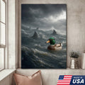 Funny Duck in Shark Infested Waters Canvas Wall Art, Cool Sunglasses Duck Ocean Storm Print