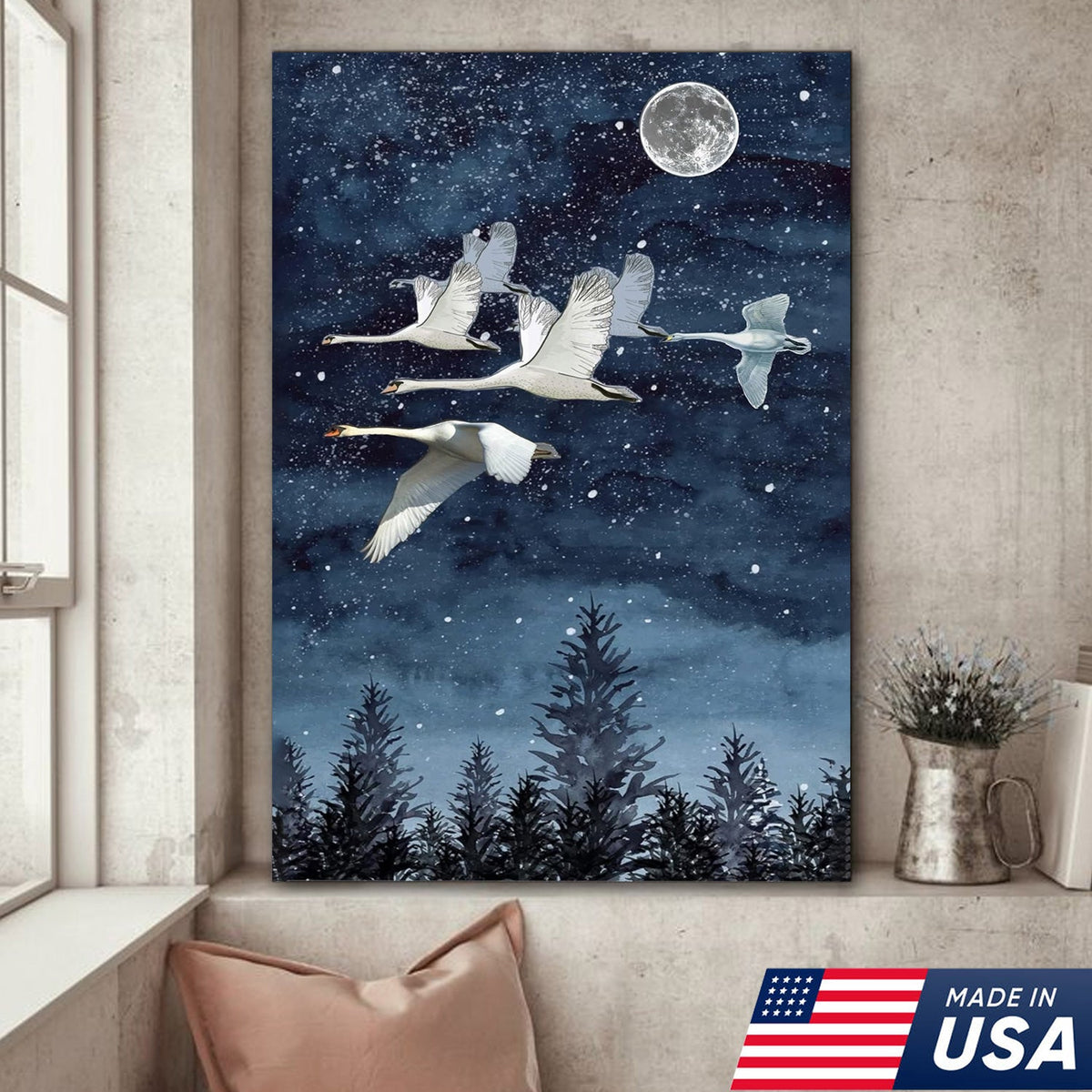 Moonlit Swan Flight Canvas