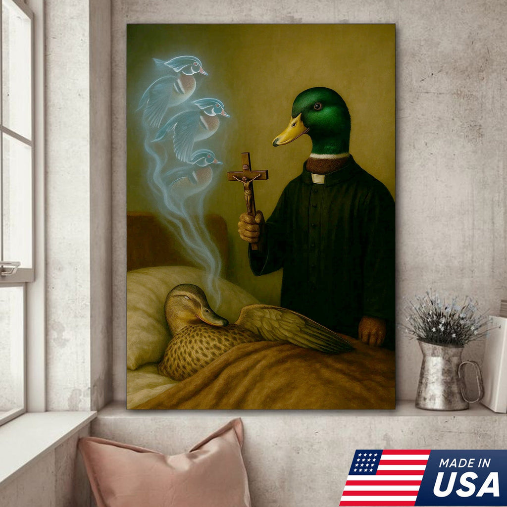 Priest Duck Canvas Wall Art, Surreal Animal Artwork, Funny Dark Humor Painting, Unique Gift for Hunters or Art Collectors