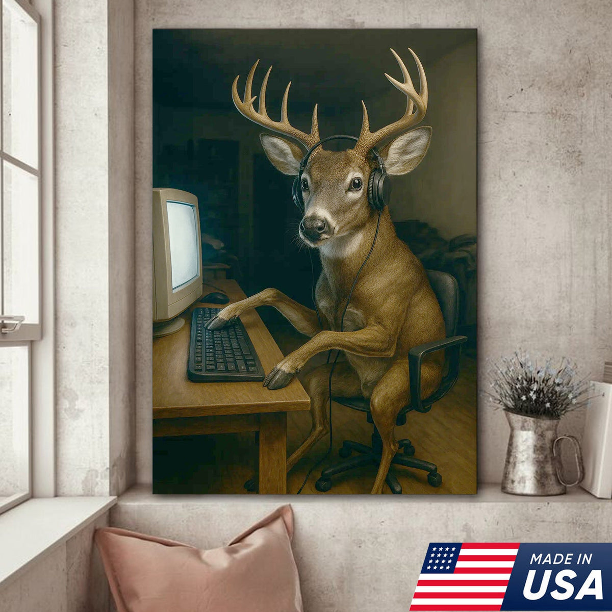 Gaming Deer Canvas Wall Art, Funny Headphone Buck at Computer