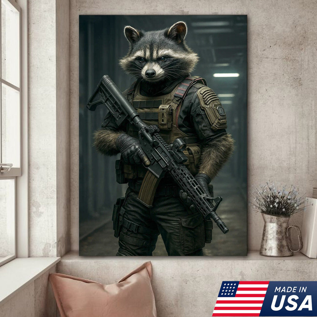 Tactical Raccoon Canvas Art – Elite Armored Trash Panda Warrior