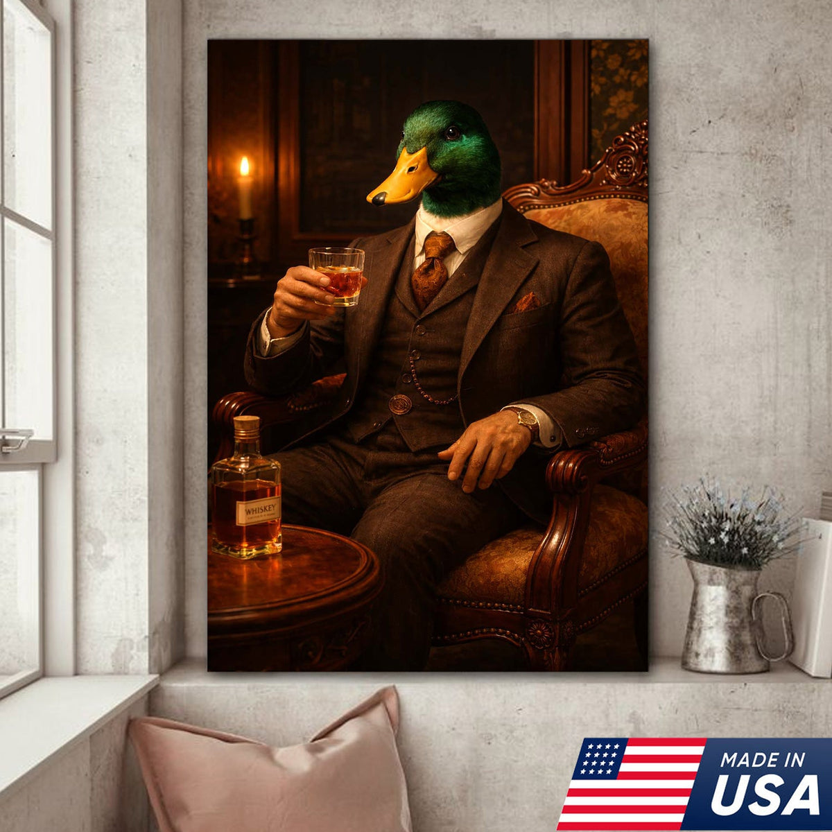 Gentleman Duck Whiskey Portrait Canvas Wall Art, Classy Anthropomorphic Animal Artwork
