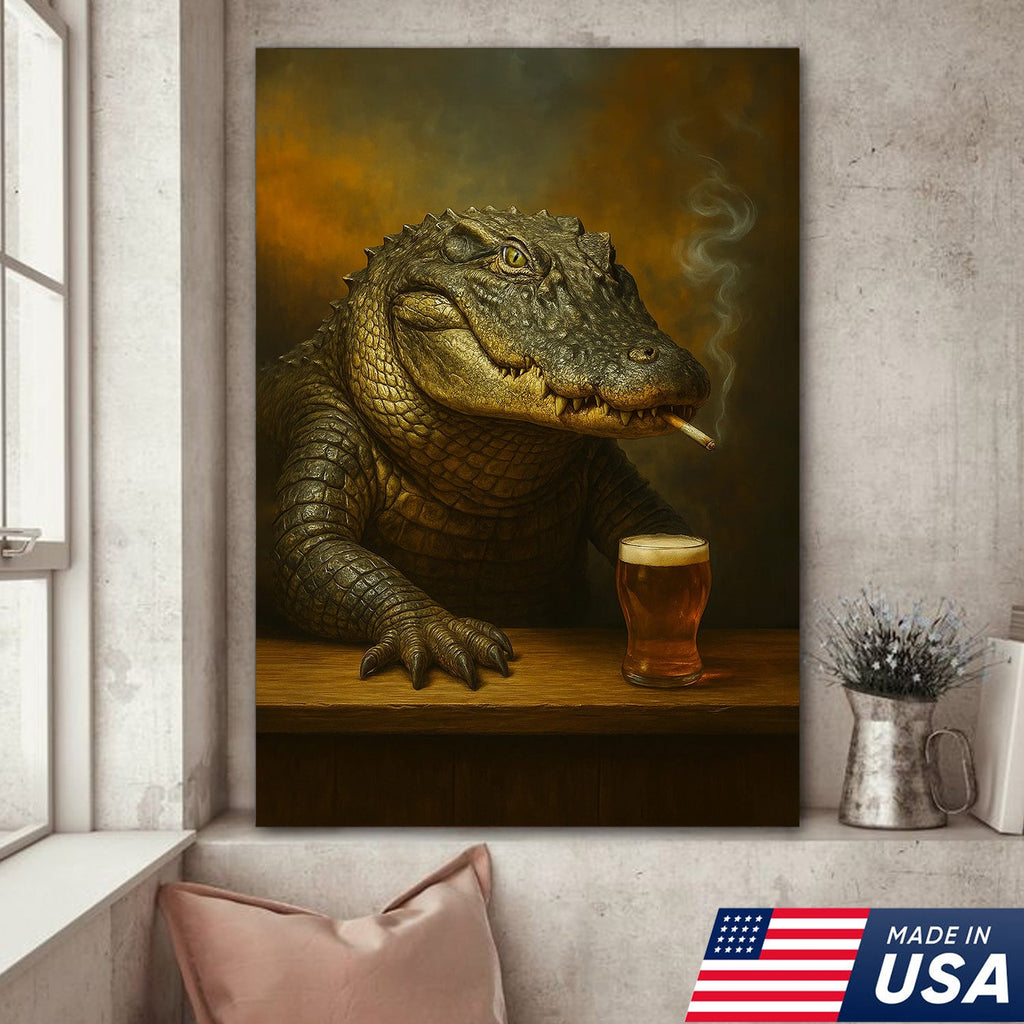 Alligator Wall Art Canvas – Rustic Wildlife Animal Print for Hunting Cabin