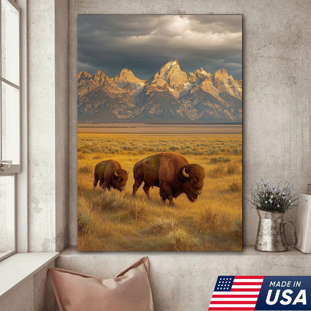 Buffalo Bison Canvas Wall Art, Grand Teton Mountain Landscape Print