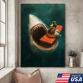 Funny Duck Shark Canvas Wall Art, Fearless Sunglasses Duck Floating Above Shark Jaws Print