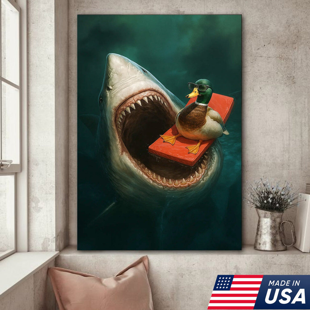 Funny Duck Shark Canvas Wall Art, Fearless Sunglasses Duck Floating Above Shark Jaws Print