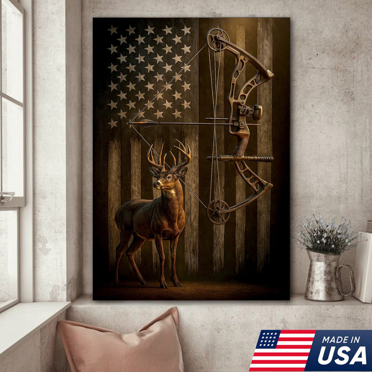 Deer and Bow American Flag Canvas Wall Art — Patriotic Hunting Decor Featuring Buck and Compound Bow