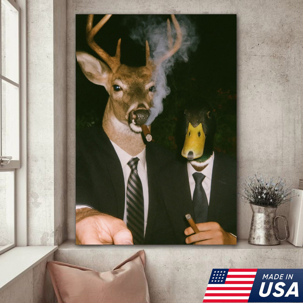 Funny Deer and Duck Canvas Wall Art - Hilarious Animal Duo in Suits
