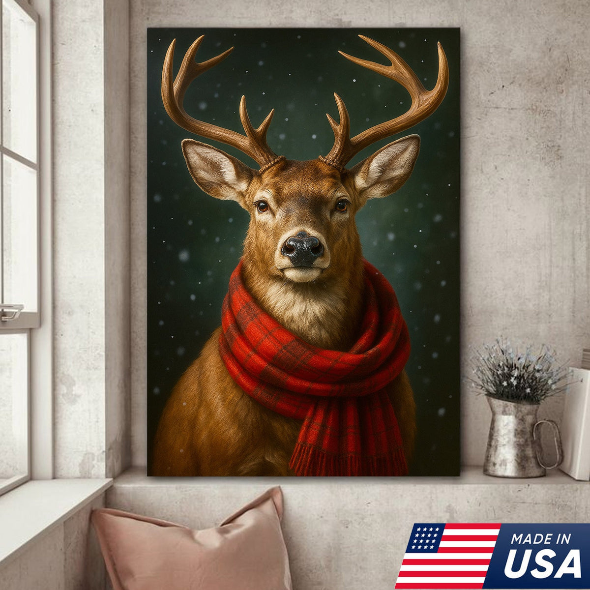 Winter Buck in Red Scarf – Christmas Cabin Wall Art, Rustic Christmas Decor