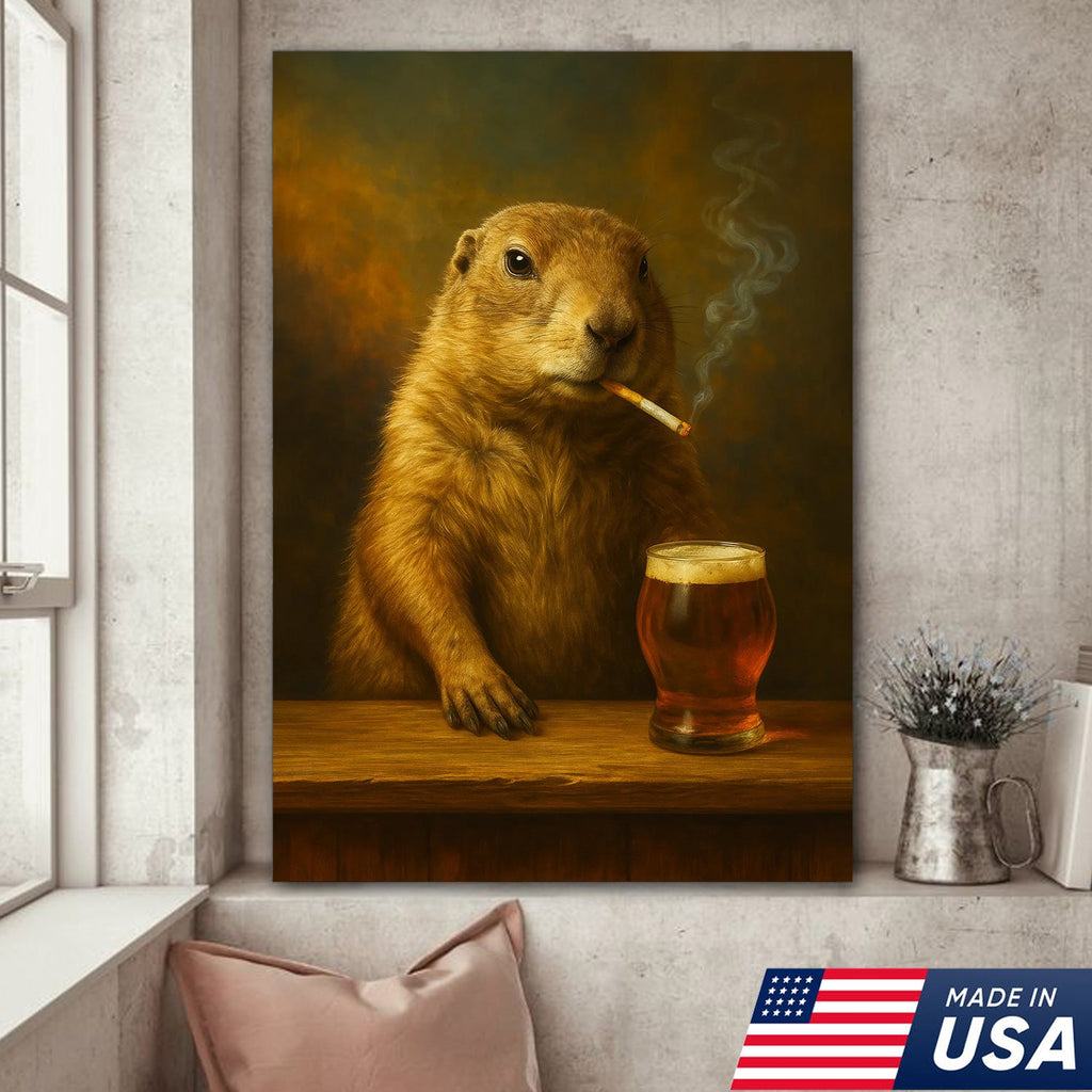 Rustic Prairie Dog Canvas Wall Art – Funny Wildlife Bar Scene with Beer – Hunting Cabin Decor
