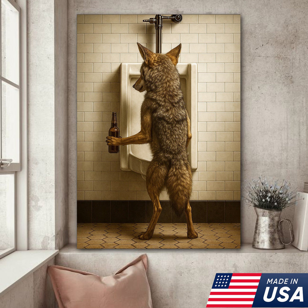 Hilarious Coyote Canvas Wall Art – Funny Bathroom Humor Decor – Rustic Hunting Cabin Gag Gift