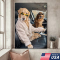 Funny Dog Driving Car Canvas Wall Art, Cool Golden Retriever Duo Portrait