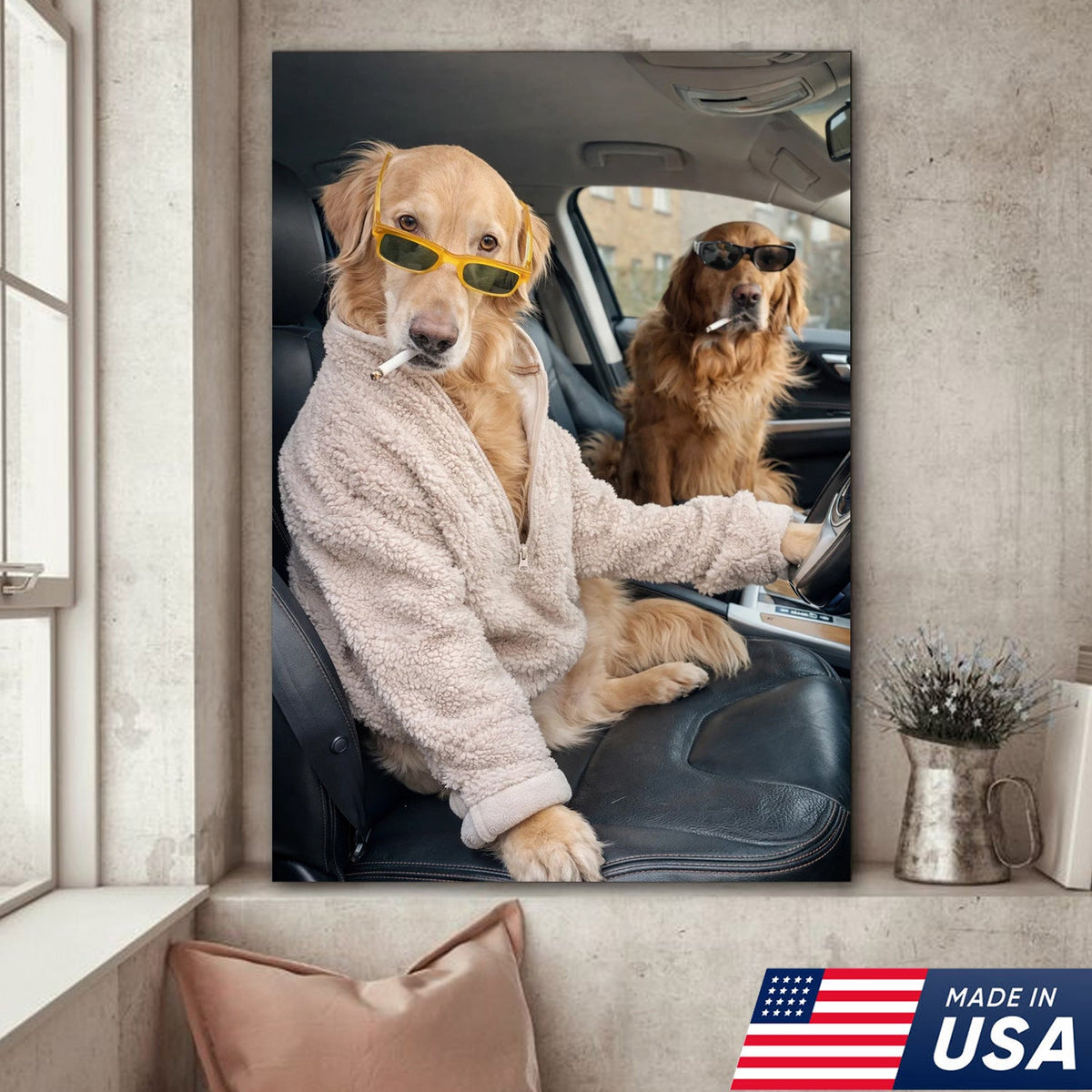 Funny Dog Driving Car Canvas Wall Art, Cool Golden Retriever Duo Portrait