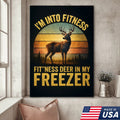 Funny Deer Hunting Canvas Wall Art — “I’m Into Fitness, Fit’ness Deer In My Freezer” Retro Sunset Design