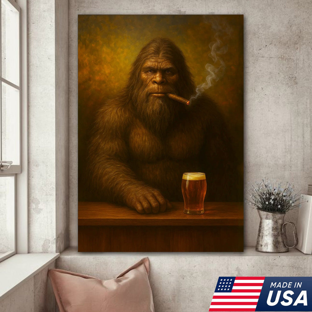 Funny Bigfoot Wall Art Canvas – Funny Sasquatch Smoking & Beer Canvas, Hunting Cabin & Man Cave Decor