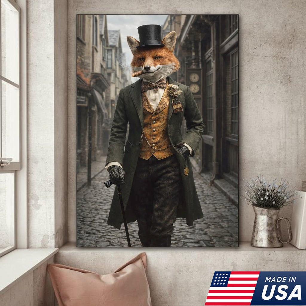 Victorian Gentleman Fox Canvas Wall Art, Elegant Anthropomorphic Fox Illustration