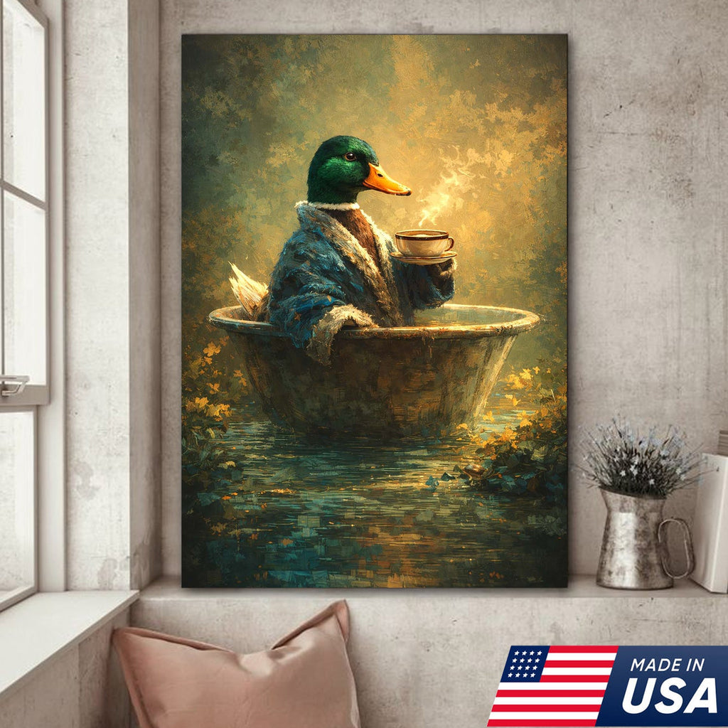 Whimsical Duck Coffee Bath Canvas Wall Art, Cozy Animal Painting