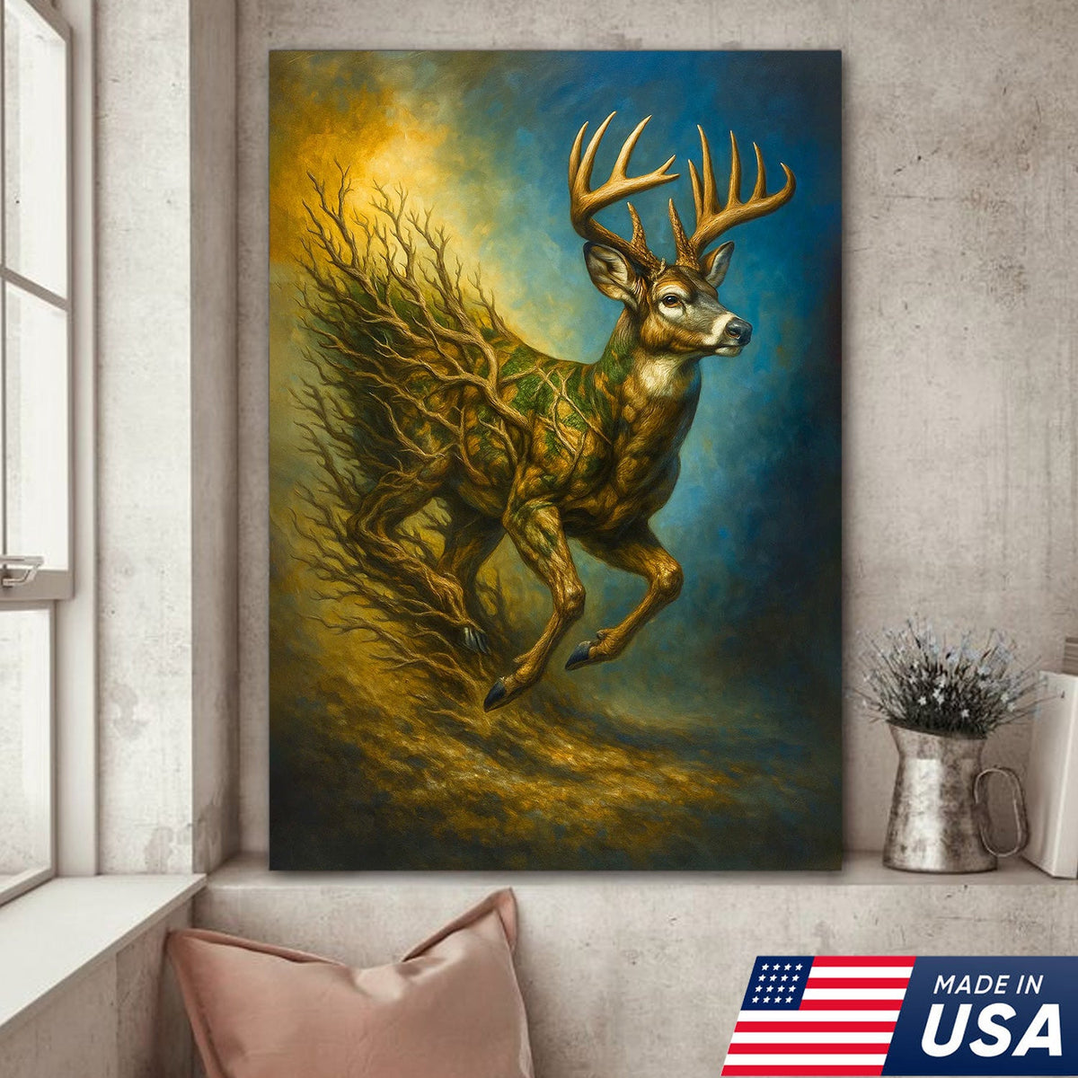 Majestic Deer Canvas Wall Art – Surreal Wildlife Nature Scene – Rustic Lodge and Cabin Decor