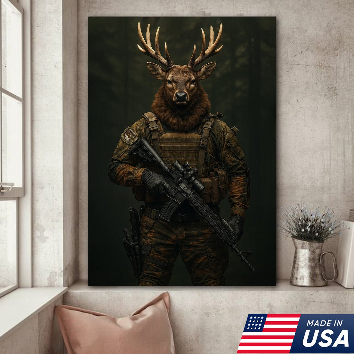 Tactical Deer Canvas Art – Elite Antlered Warrior in Combat Gear
