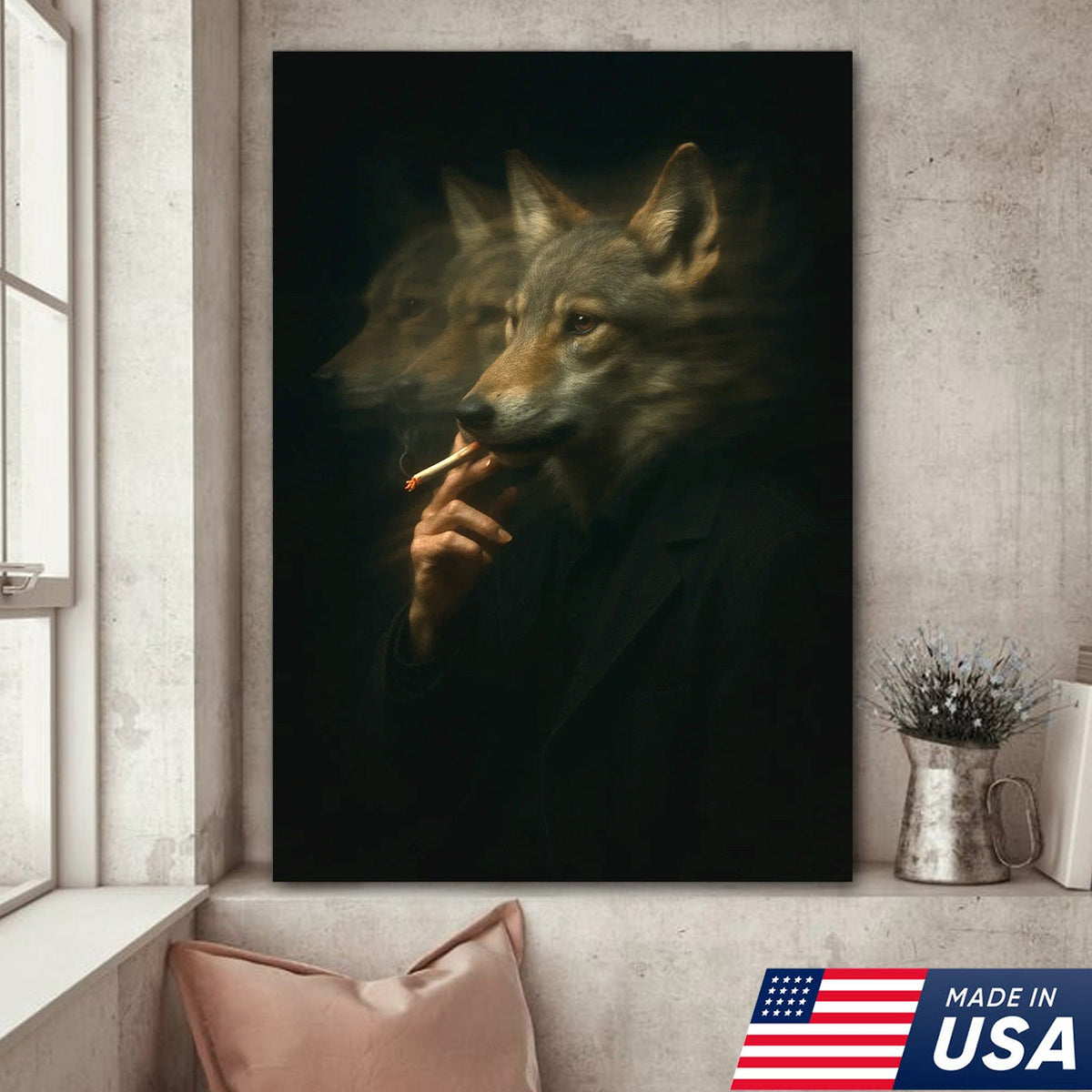 Mystical Wolf Coyote Canvas Wall Art - Mysterious Animal Portrait with Surreal Motion Effect