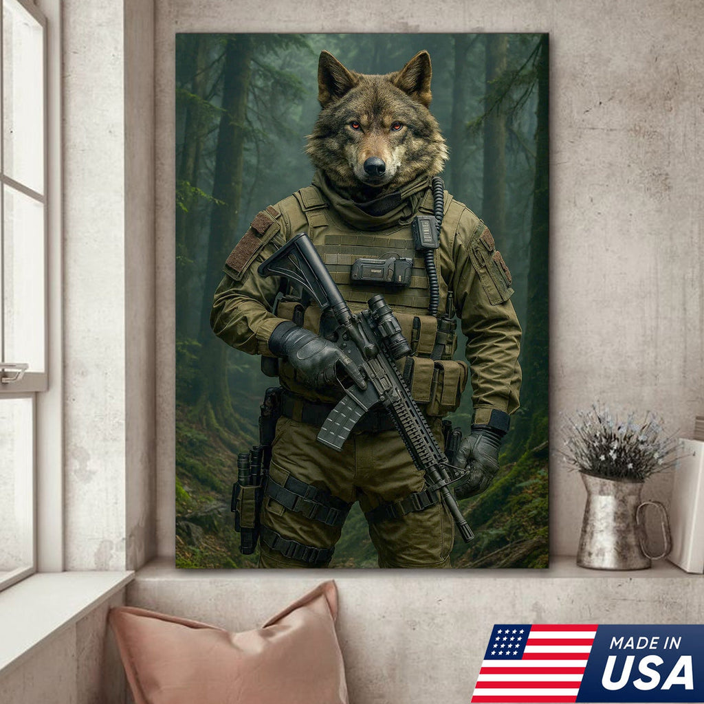 Tactical Wolf Canvas Art – Elite Armored Wolf Warrior in Forest