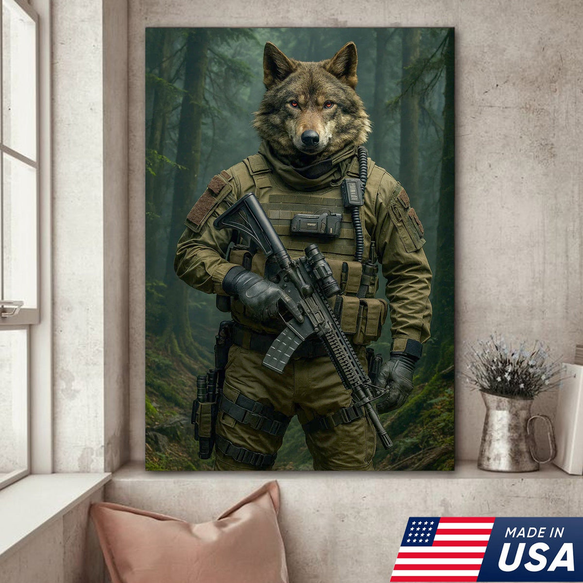 Tactical Wolf Canvas Art – Elite Armored Wolf Warrior in Forest