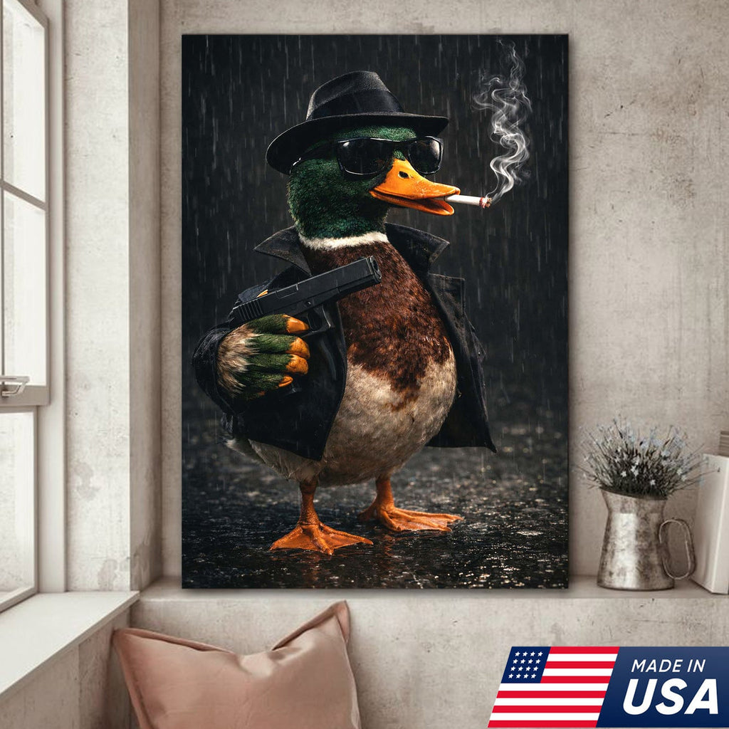 Noir Gangster Duck Canvas Wall Art, Dark Cinematic Animal Illustration